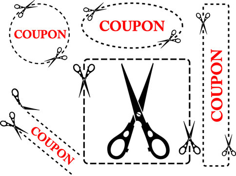 vector image of the scissors and a set coupons of different shapes and sizes isolated on the white background.
