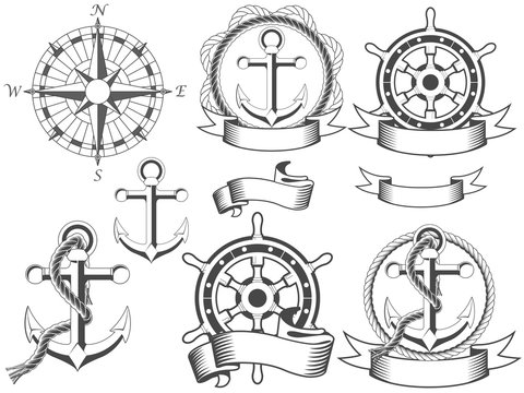Nautical emblems with different seafaring design elements