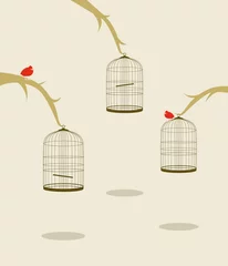 Crédence de cuisine en verre imprimé Oiseaux en cages trois oiseaux sur les arbres et les cages