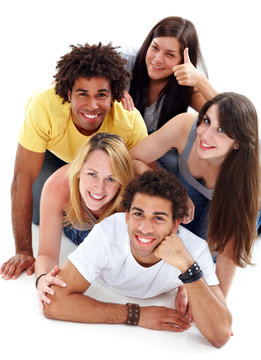 a group of two boys and three girls having fun