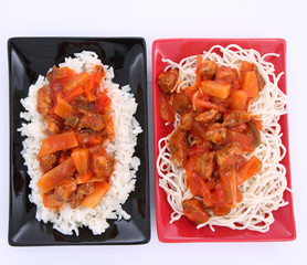 Sweet and sour chicken with rice and chow mein noodles