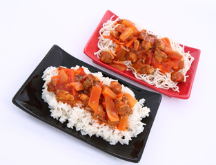 Sweet and sour chicken with rice and chow mein noodles