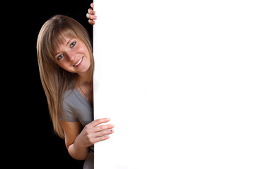 blonde girl with a blank presentation board