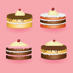 four cakes, pink background