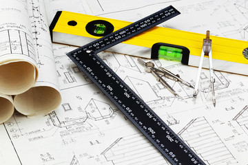 construction drafts and tools on the table