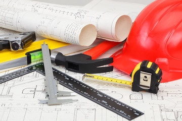 construction drafts and tools on the table