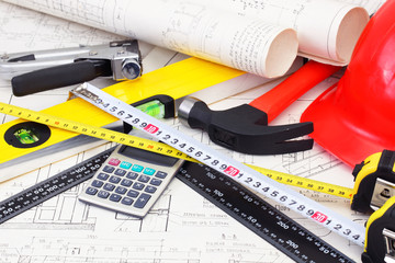 construction drafts and tools on the table