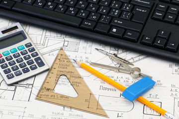 construction drafts and tools on the table