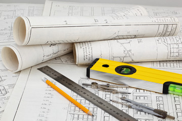 construction drafts and tools on the table