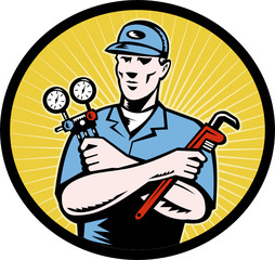 repairman serviceman ac manifold gauge wrench