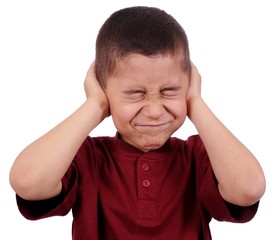 kid covering ears from loud noise, isolated