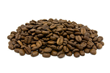 pile of roasted  coffee beans over white background