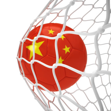 Chinese soccer ball inside the net