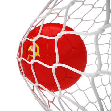 Soviet soccer ball inside the net