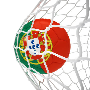 Portuguese soccer ball inside the net