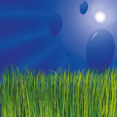 Fototapeta na wymiar Grass and sunny sky as background with balloons