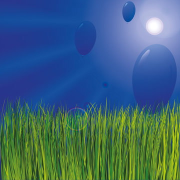 Grass and sunny sky as background with balloons