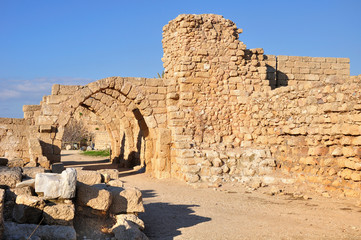 Ruined fortress of crusaders era in Caesarea. Israel.  
