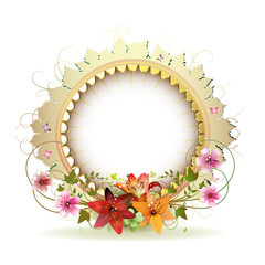 Circular floral frame with lilies and gold decoration