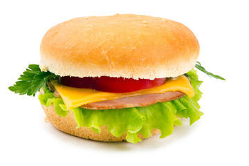 Sandwich with a ham, paprika and cheese isolated on white