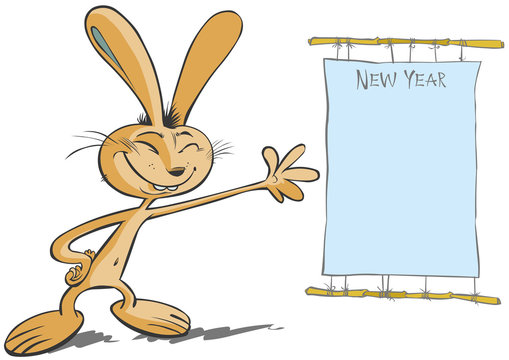 Funny rabbit with New year board in Chinese style.