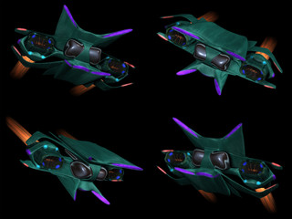 Four front views of an alien space ship on a black background
