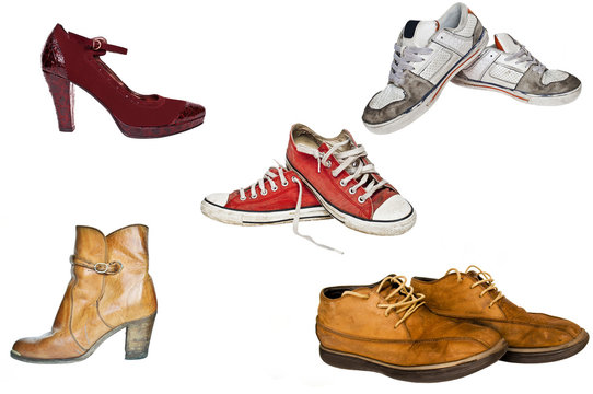 Collection of various types of footwear white background
