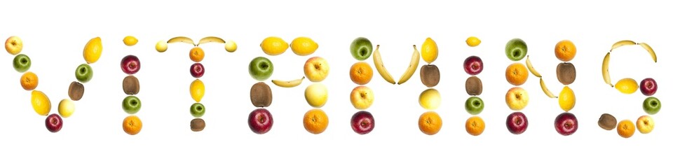 Vitamins word made of fruits