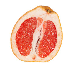 Close up of grapefruit section isolated on white background