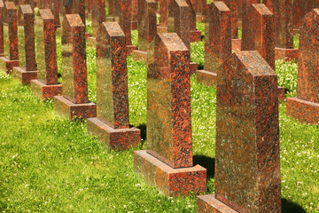 Rows of obelisks of red granite at the military memorial.
