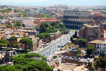 Fototapeta na wymiar Color panoramic view Rome, Colosseum, catholic basilics