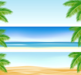 Fototapeta na wymiar Panorama with palm branches, desert, sky and sea. Illustration.