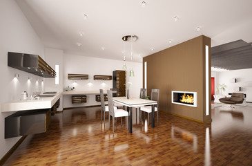 Moderne Küche mit Kamin interior 3d render