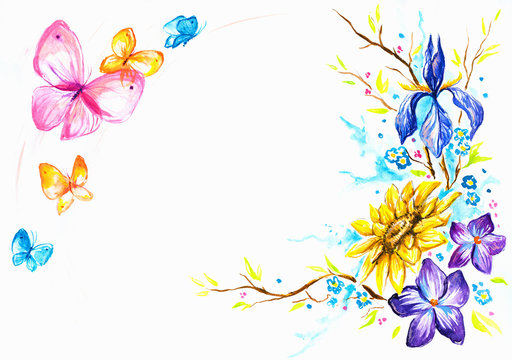 Background with flowers and butterflies.