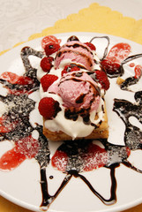 apple cake with whipped cream and ice cream