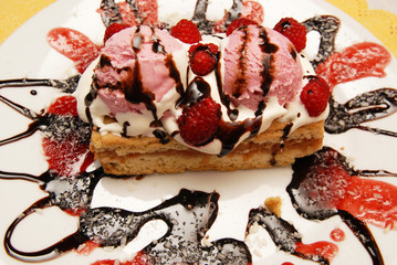 apple cake with whipped cream and ice cream