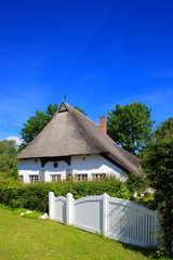 Fototapeta na wymiar Dom kryty strzechą w zielonym domu