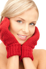 beautiful woman in red mittens