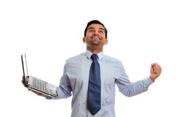 Excited man with laptop victory success