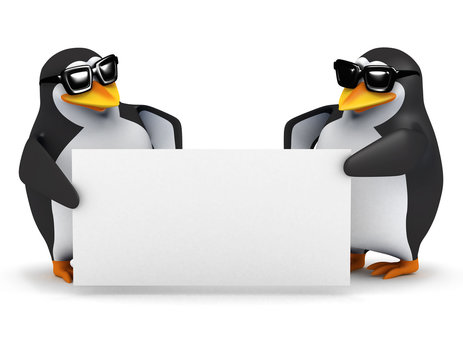 3d Penguins hold up a blank sign for you