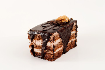 chocolate cake, nut, closeup, white, background