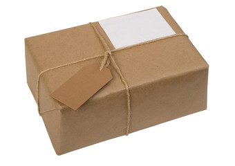 brown paper package tied with string with  label