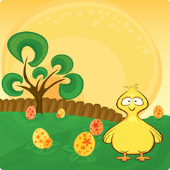 Vector Easter card with chicken and isolated objects