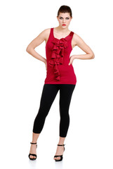 Fototapeta premium brunette wearing black pants and red top