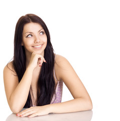 beautiful smiling girl look on copyspace isolated