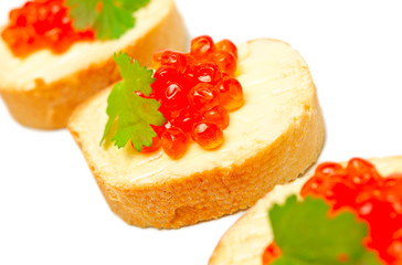 sandwich with red caviar on a white background