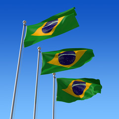 Three flags of Brazil against blue sky. 3d illustration.