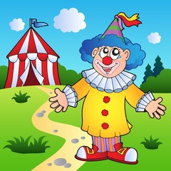 Obraz premium Cartoon clown with circus tent