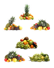 A collage of fresh and tasty fruits on a white background