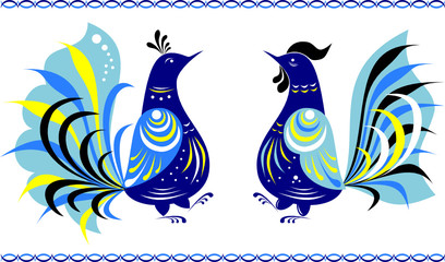 dancing birds in gorodets painting style